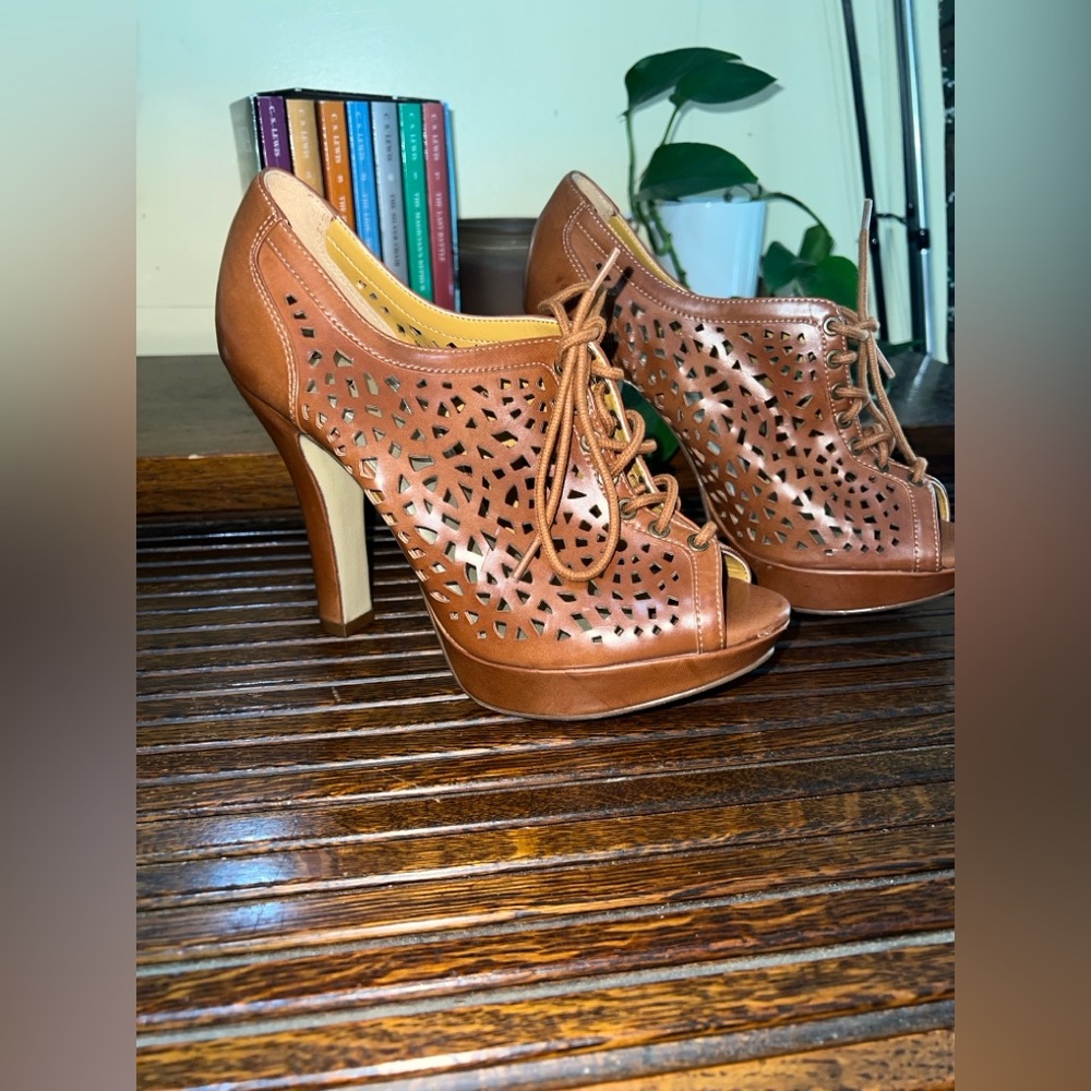 X‎ Appeal Tasha Tan Lace-Up Peep Toe Heels 8